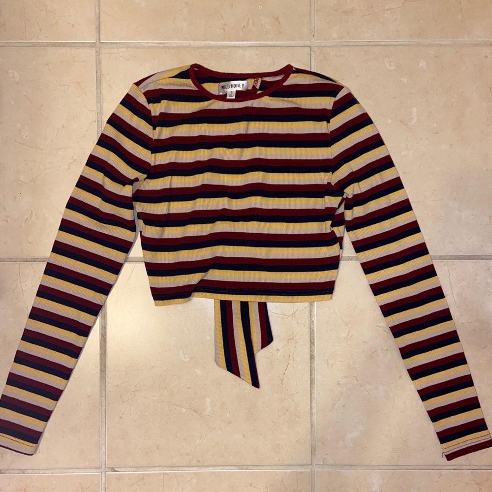 Striped Long Sleeve Open Back Ribbon Top